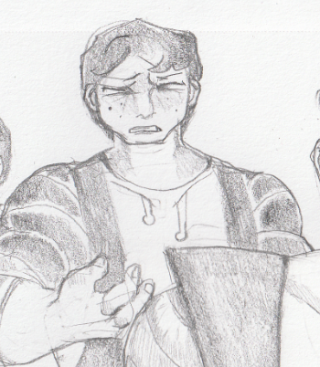 A sequenced drawing of four stages. The first stage sees Dean from The Venture Bros sitting and looking moody. In the second stage they appear surprised and lift their arm that has begun to bulge with muscles and rip their hoodie. Their legs are also increasing in mass and their clothes are changing pattern. The third stage they have a strained expression and their body is completely metallic and changed in form. The fourth and final stage is Colossus from Marvel flexing his arm back into a fist.