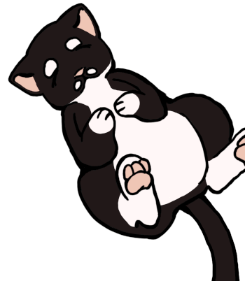 An animation of a tuxedo cat with a split tail on his back and moving idly.