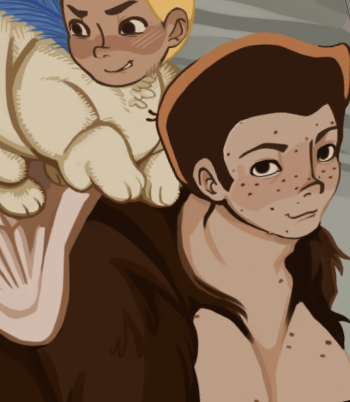 A drawing of dean as a sphinx with hank as a sphinx on his back catching a ride over some craggy oceanside terrain.