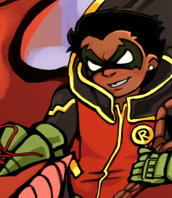 A drawing of Damian Wayne riding on Goliath through sunset skies.