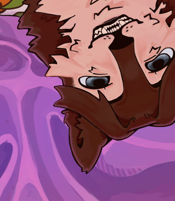 Drawing of a wolf anthro on silk sheets with a wine bottle.