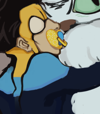 A drawing of Mark from Invincible hugging White Tiger from FNAF, there are pillows and blankets and fairy lights in the back.