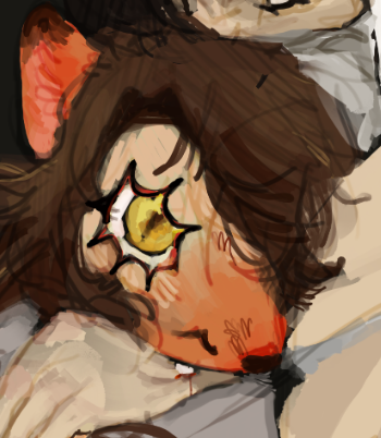 A drawing of Michael who is partially transformed into a fox biting his father's arm, who is grinning abnormally wide.