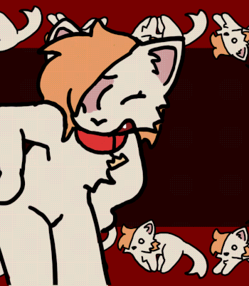 An animation of a white cat with orange hair and a scar over his eye swaying side to side happily with miniature versions of him running along the top and bottom of the screen.