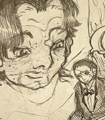 A drawing of a sphinx holding a man.