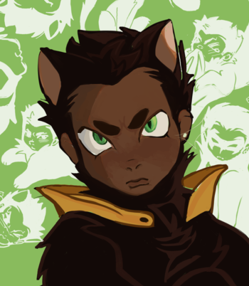Damian as a sphinx looking forward sternly with a pattern of simpler versions of him as the background.