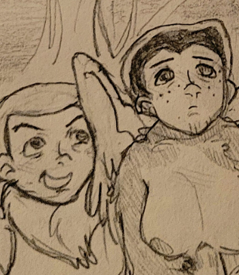 A drawing of three sphinxes, one climbing a tree.