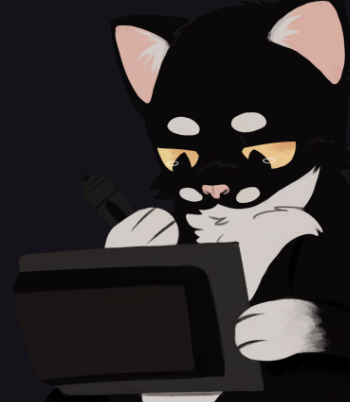 A drawing of a tuxedo cat with a drawing tablet.
