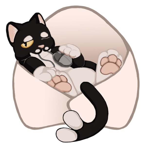 An image of email, a fat black and white cat, in an envelope holding a computer mouse in his mouth.