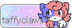 A button reading 'Taffyclaws' with a gentle blue to pink gradient and stars, there is a white cat with purple and pink markings to the side.