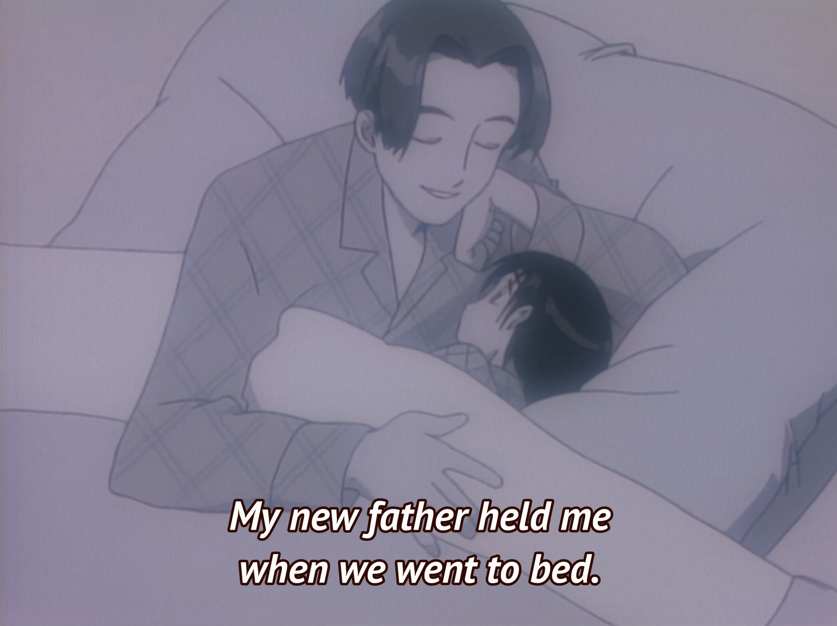 A screenshot of His and Her Circumstances where a father is hugging his son while they fall alseep. The subtitle reads: My new father held me when we went to bed.